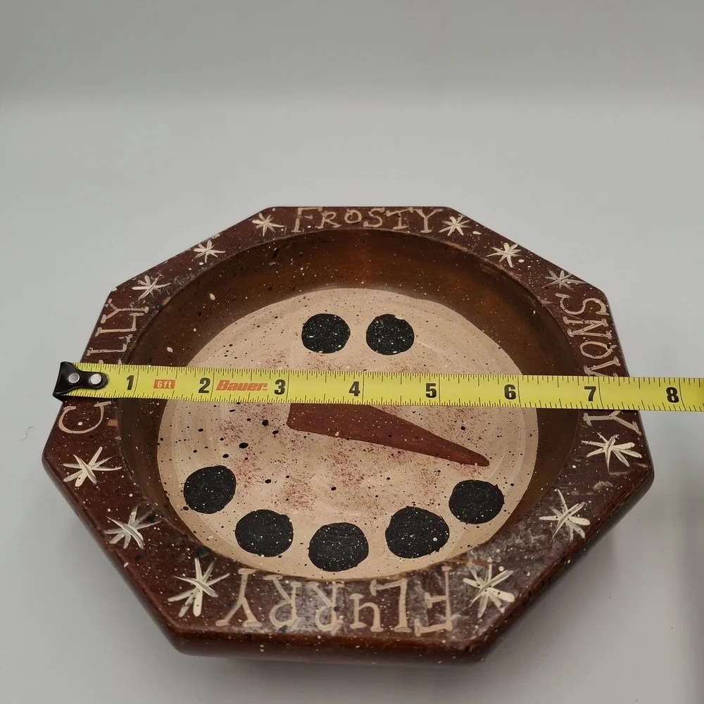 Vintage Octagon Wooden Snowman Bowl Dish Frosty Flurry Snowman Decor Rustic 8 In